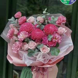 Bó hoa cúc mẫu đơn mix hoa hồng